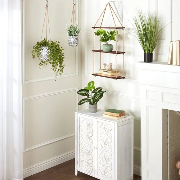 Hanging Wall Shelf Hemp Rope Brown Wood 3 Shelves 15-3/4W x 6D x 32H New - Picture 4 of 5